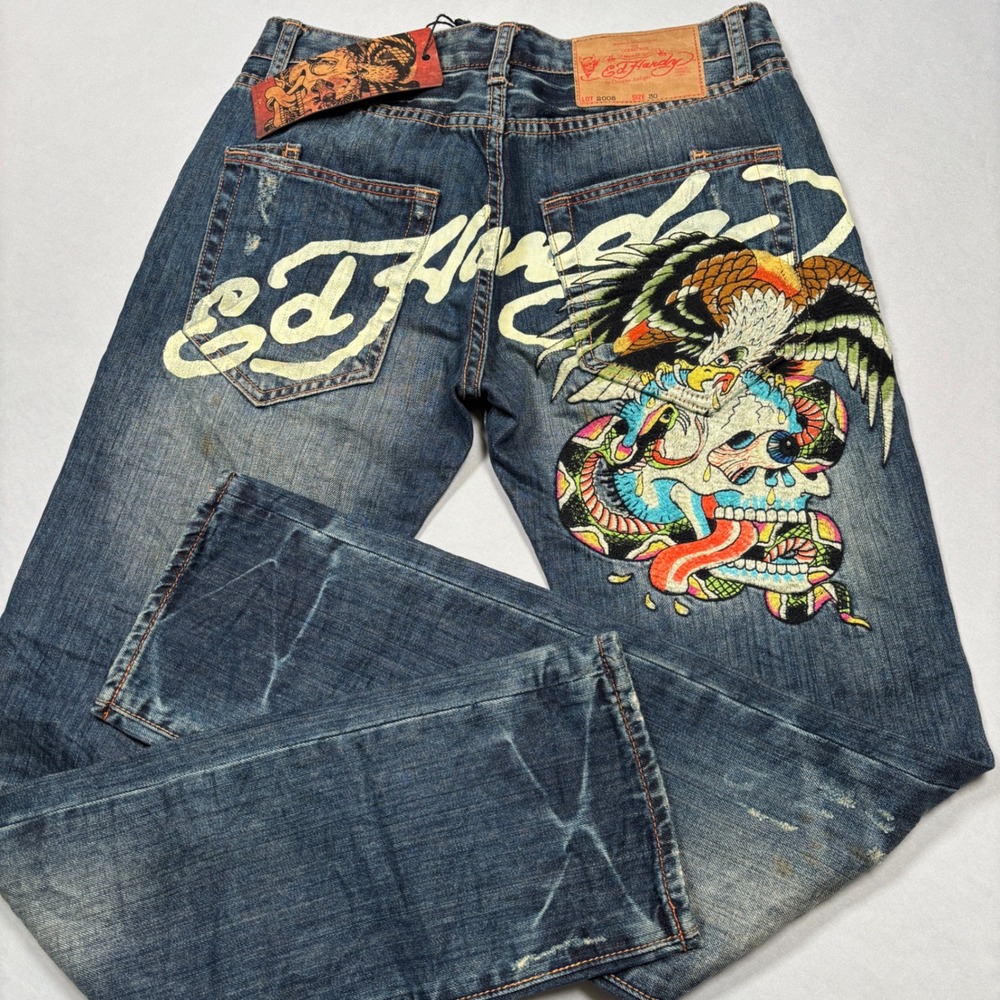 Ed Hardy Jeans Mens 30x32 Blue Embroidered Y2k Skull Eagle Snake Honeycomb NWT